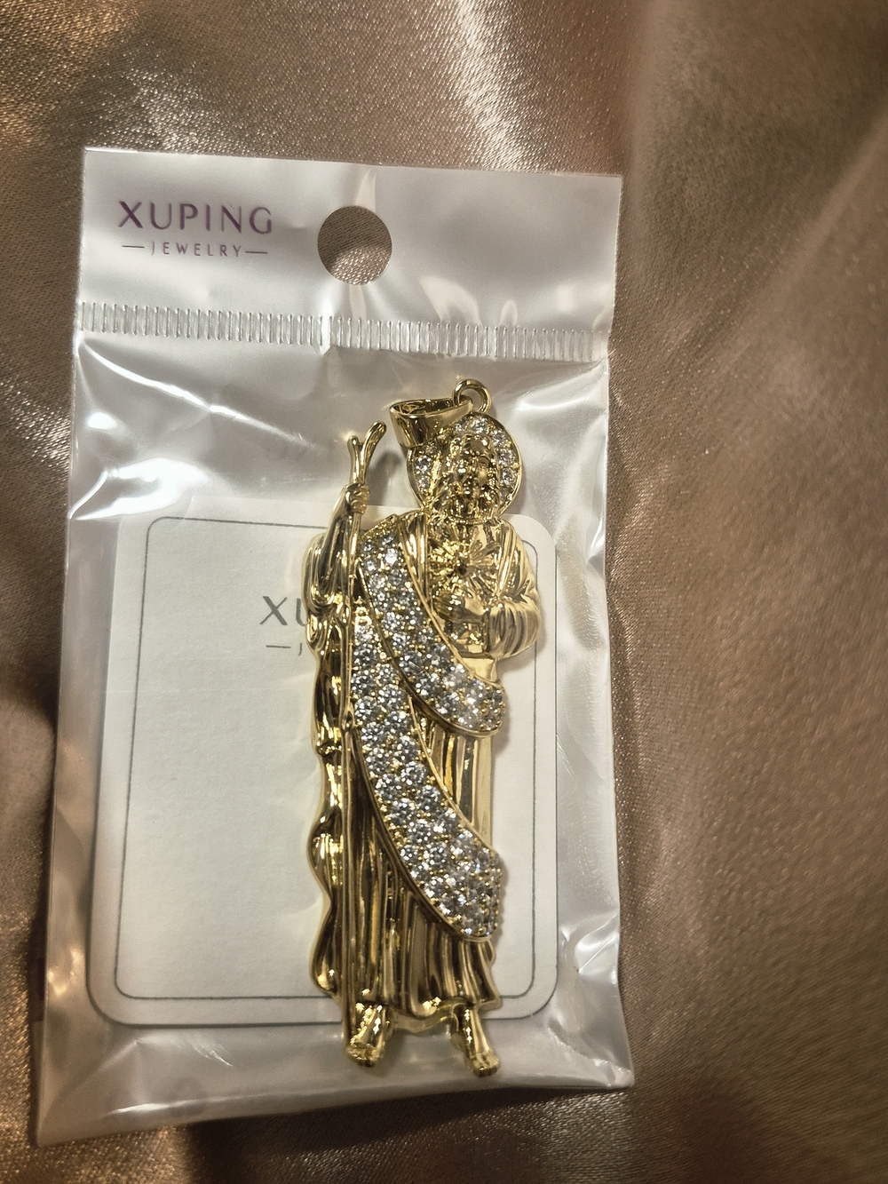 Gold Plated Saint Pendant with Crystal Accents